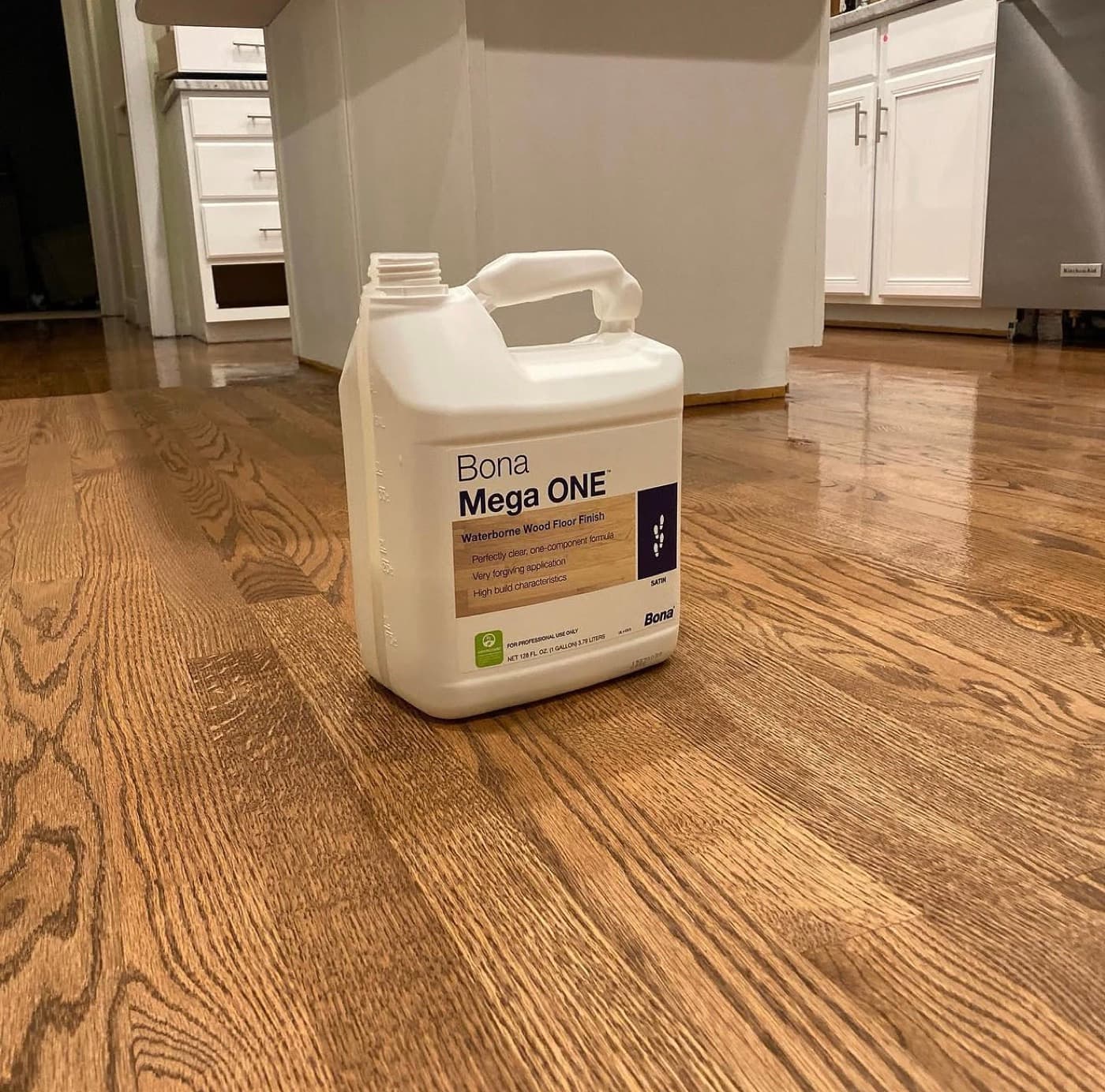 Red oak kitchen floor in Bona Mega One satin the evening the final coat went down, North Carolina