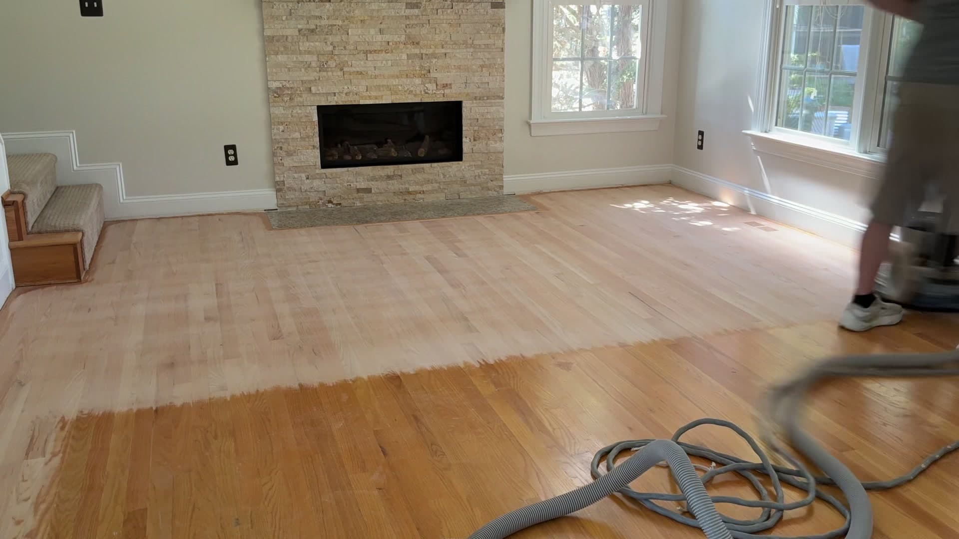Bona PowerDrive sanding a scratched red oak floor during refinishing in Clayton NC