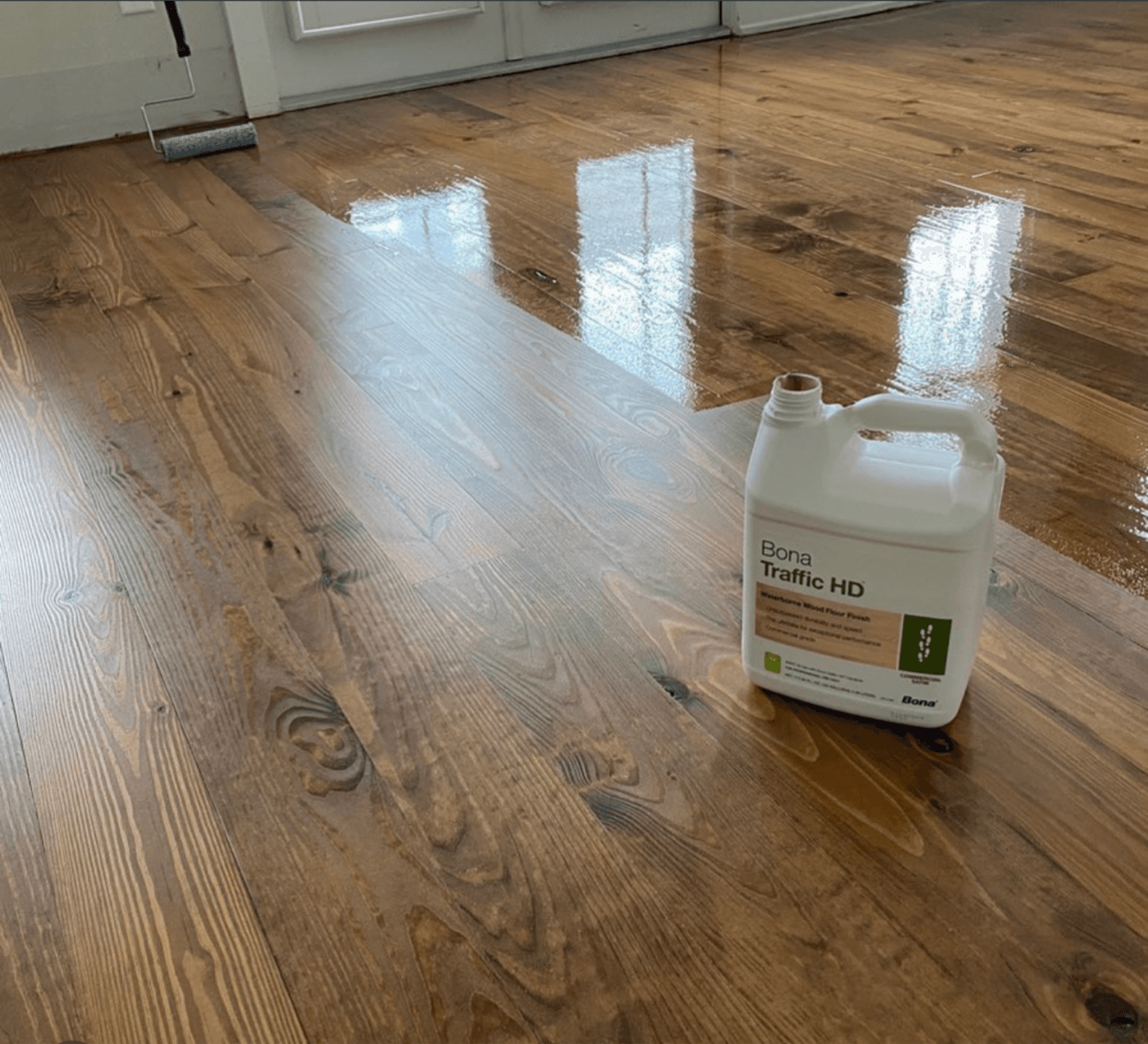 Bona Traffic HD buff and coat application on pine hardwood floor Clayton NC