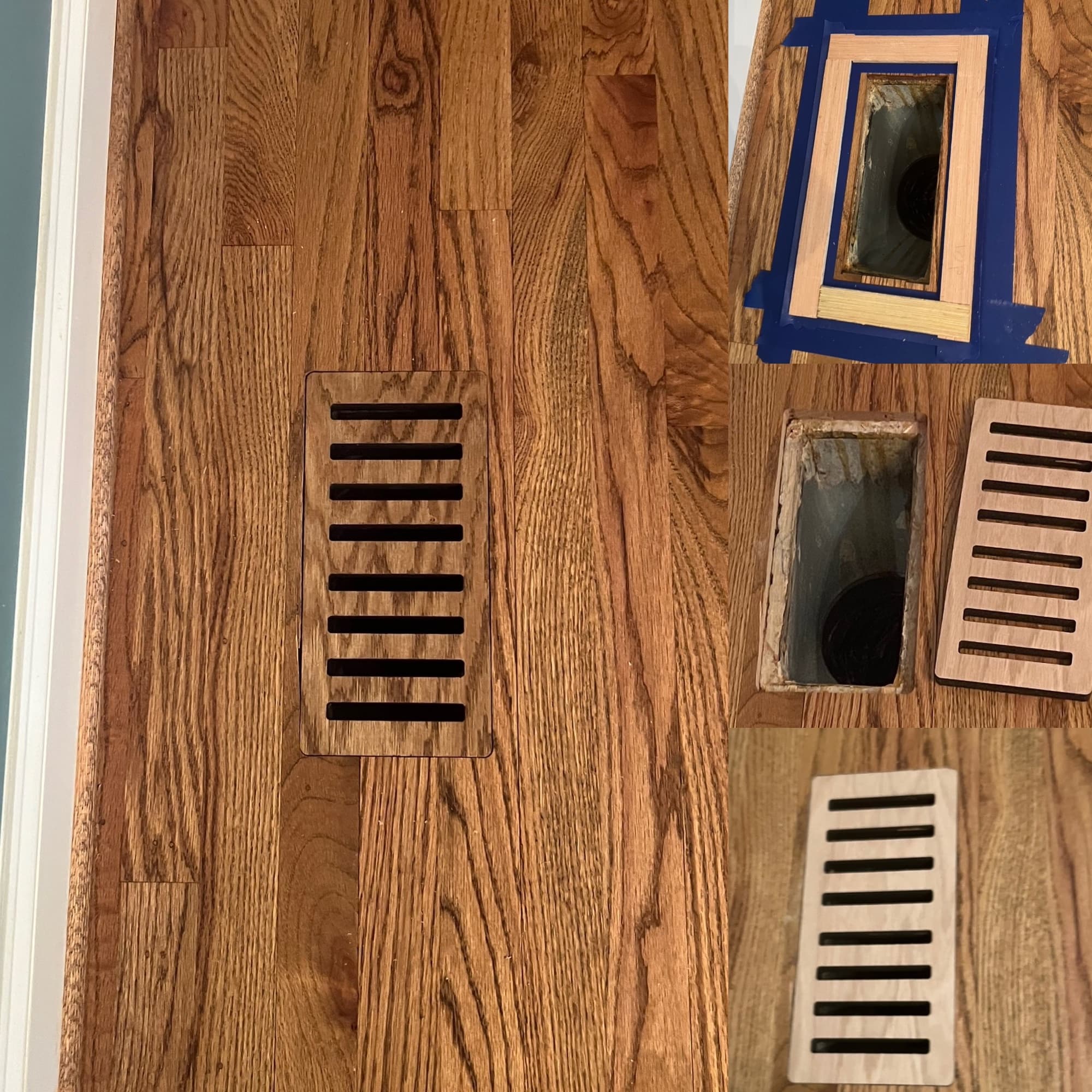 Custom CNC flush mount floor vents being fitted into red oak hardwood floor Clayton NC