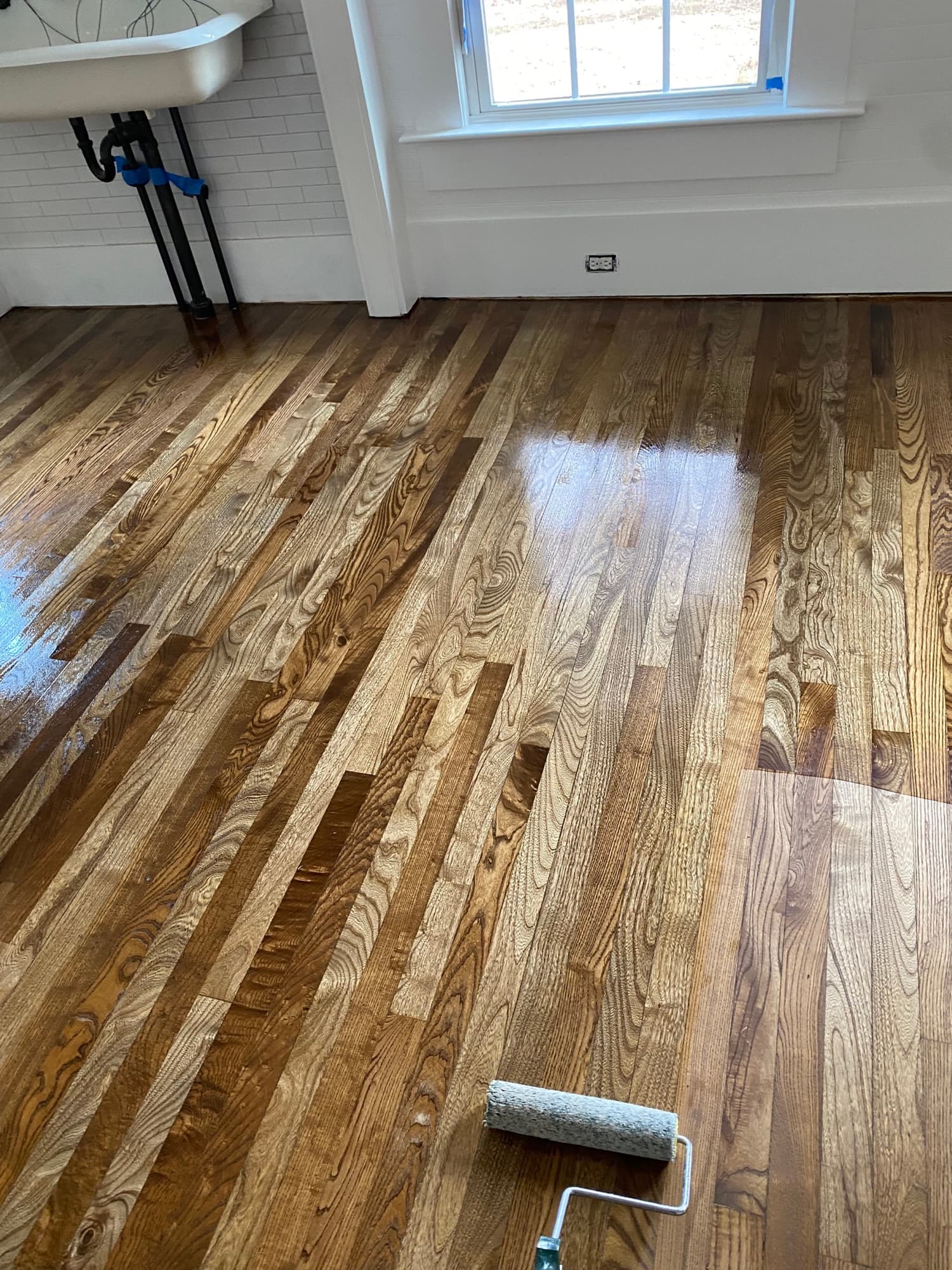 Screen and recoat service on red oak hardwood floor Smithfield NC by 12th And Oak Floor Co.