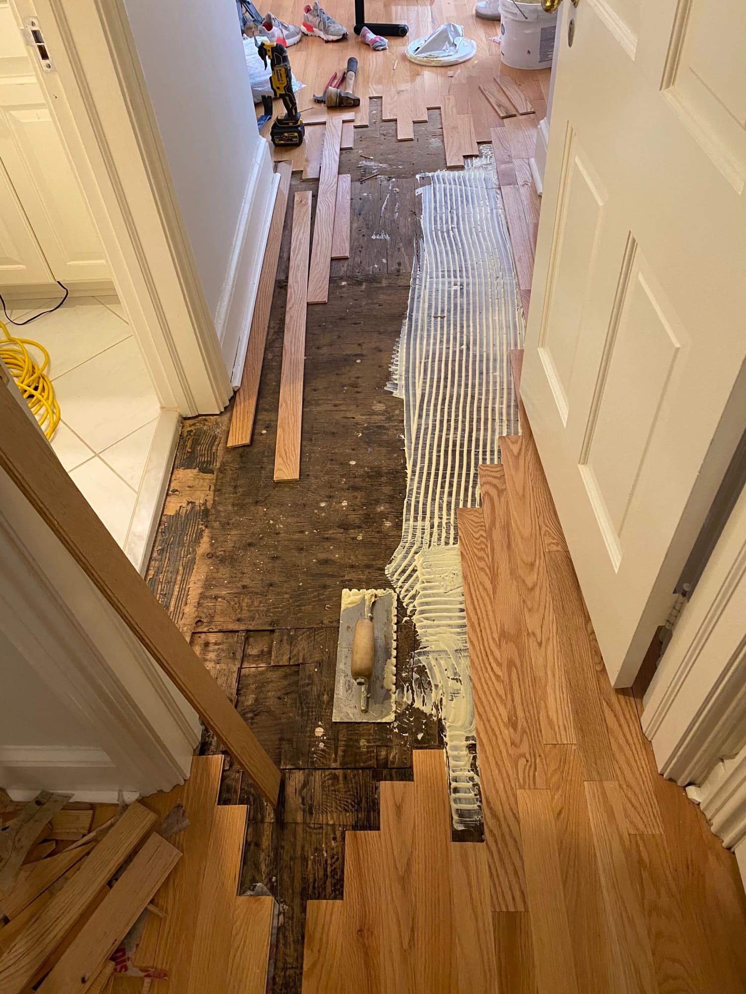 Hardwood floor water damage repair in progress with board replacement by 12th And Oak Floor Co. Clayton NC