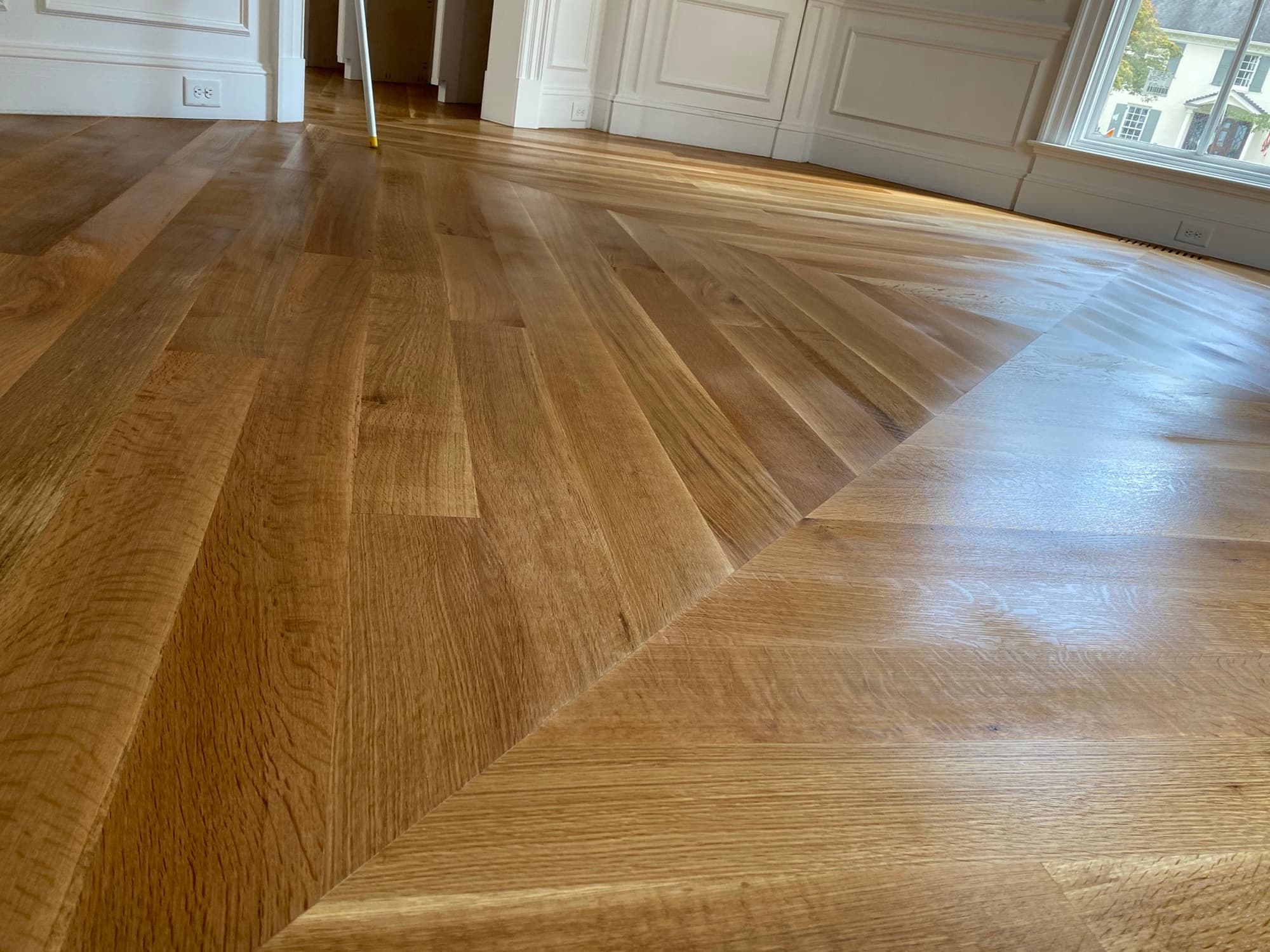 Hardwood floor lace-in repair and board replacement in progress by 12th And Oak Floor Co. Raleigh NC