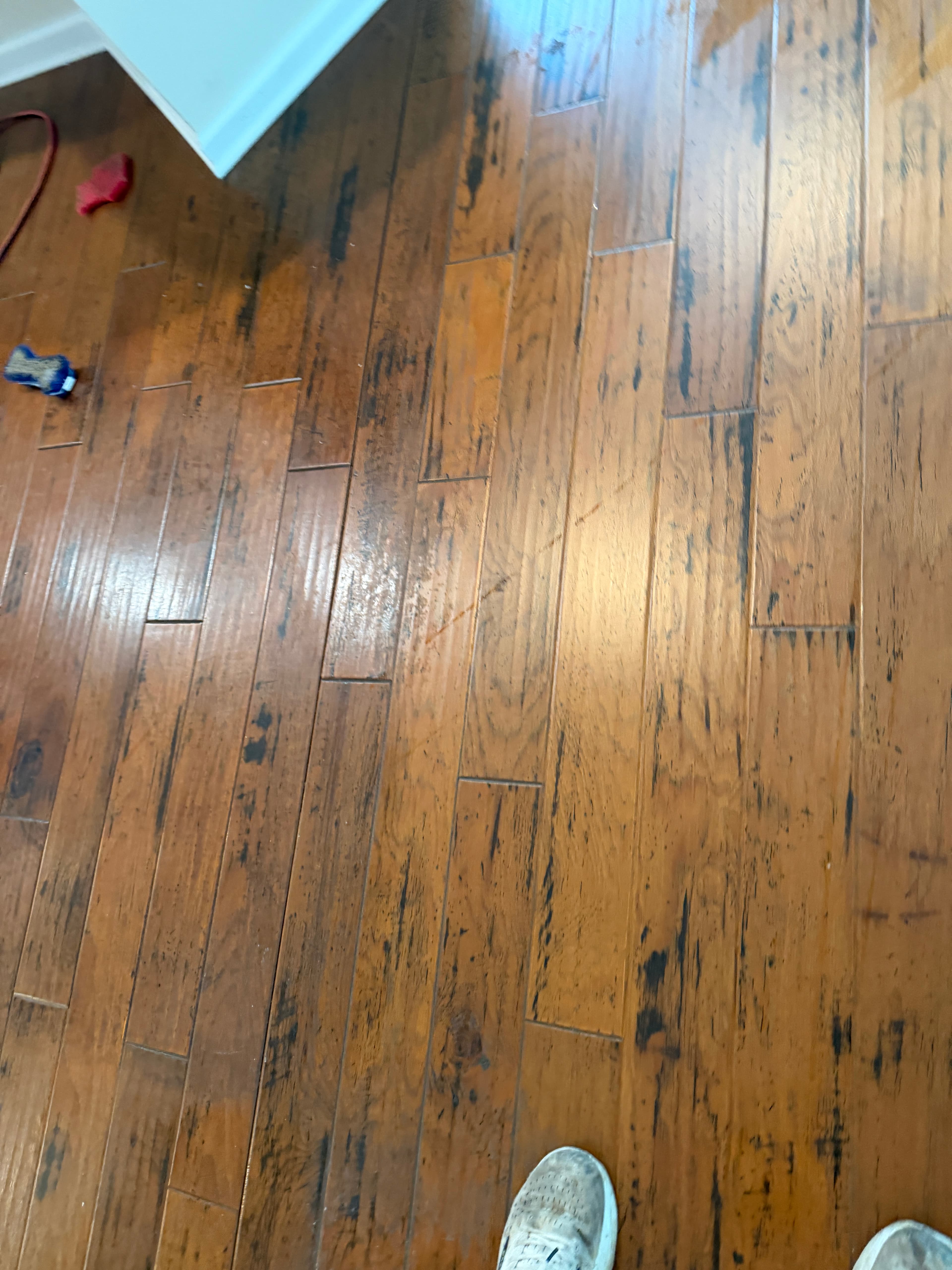Hickory hardwood floor with widespread consumer polish and grime buildup before professional deep cleaning and polish removal in NC
