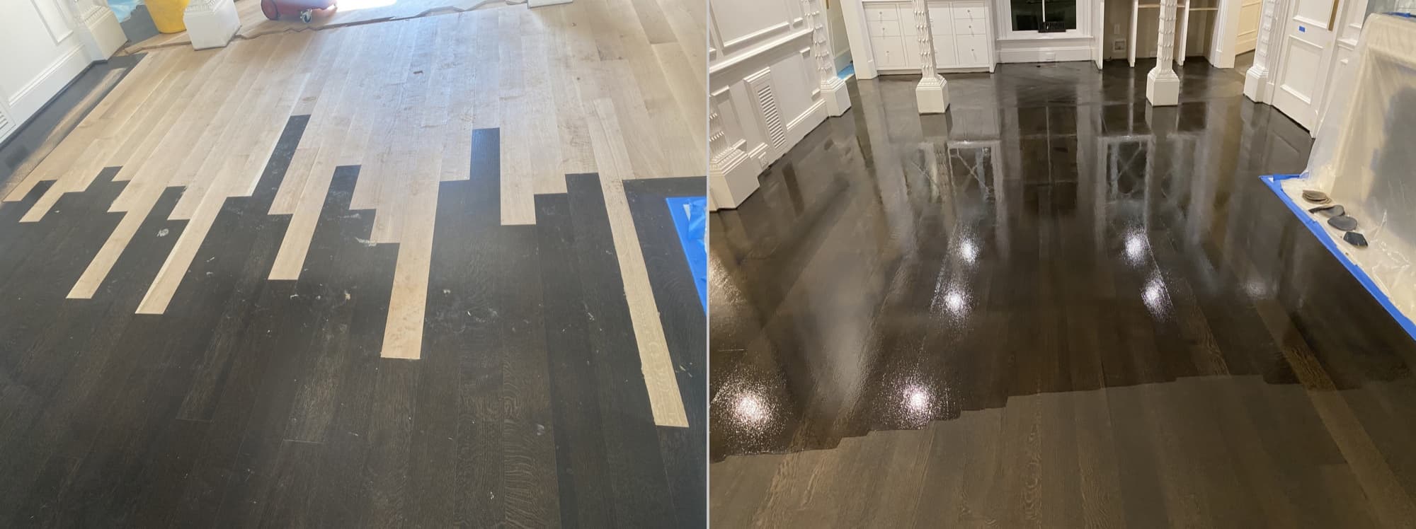 White oak hardwood floor after completed lace-in repair and refinishing Garner NC