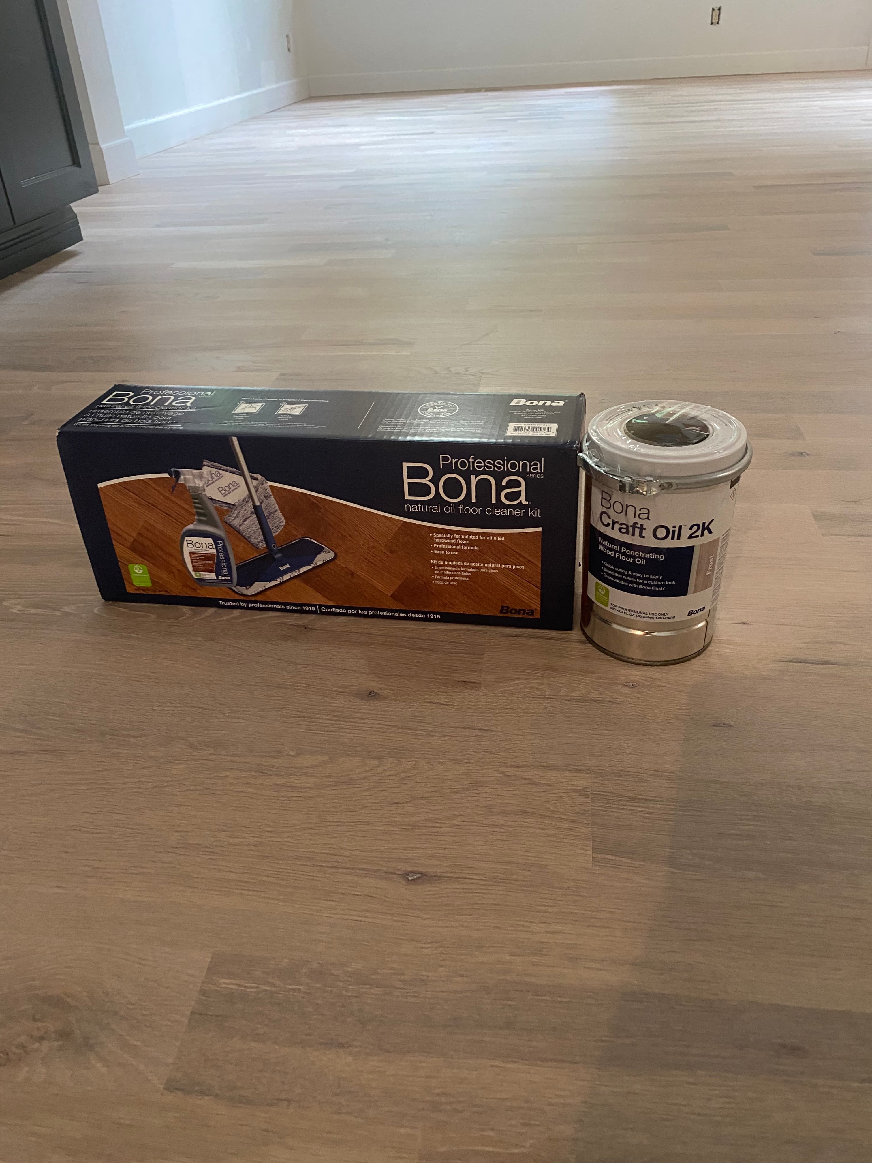 Bona Professional Natural Oil Floor Cleaner Kit and Bona Craft Oil 2K on white oak hardwood floors in Clayton NC