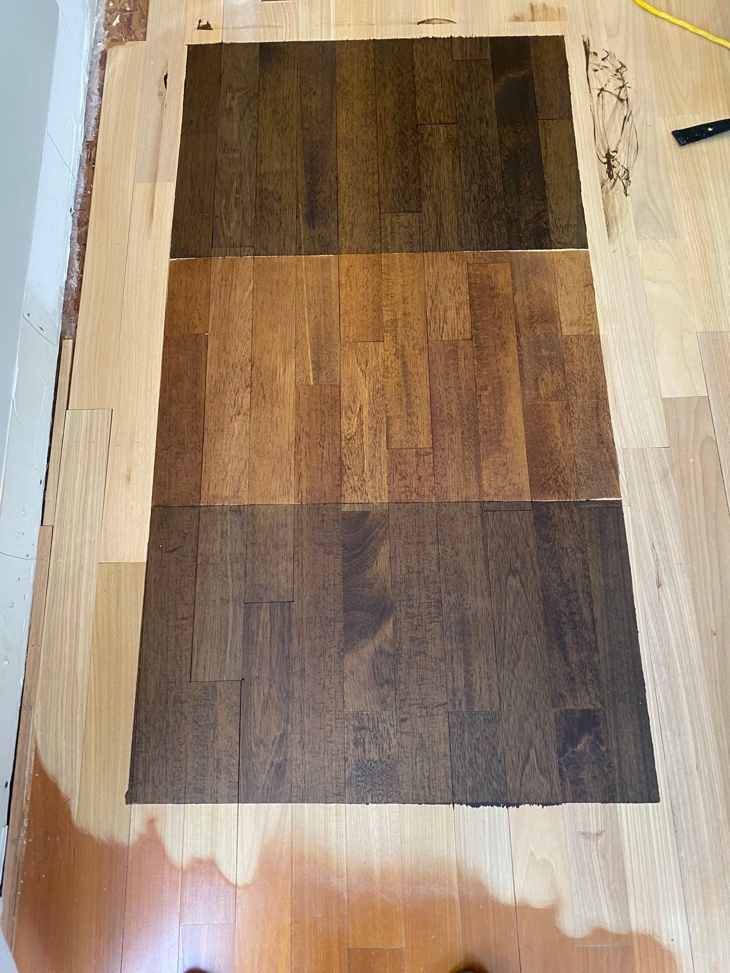 Custom Bona stain color samples tested on Brazilian oak floor in Cary NC