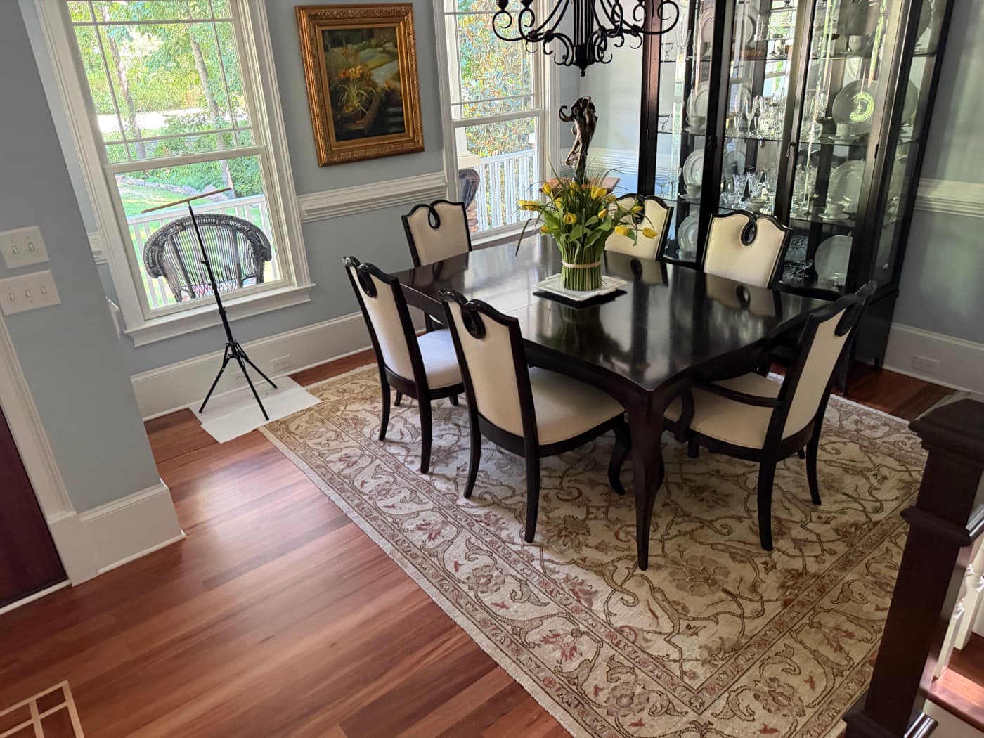 Formal dining room with refinished Brazilian Tigerwood floor in Glen Laurel Clayton NC