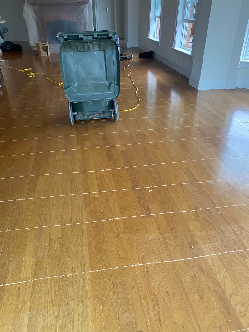 Existing engineered hardwood saw cut into sections for removal during demo in Bloomsbury Estates Raleigh NC