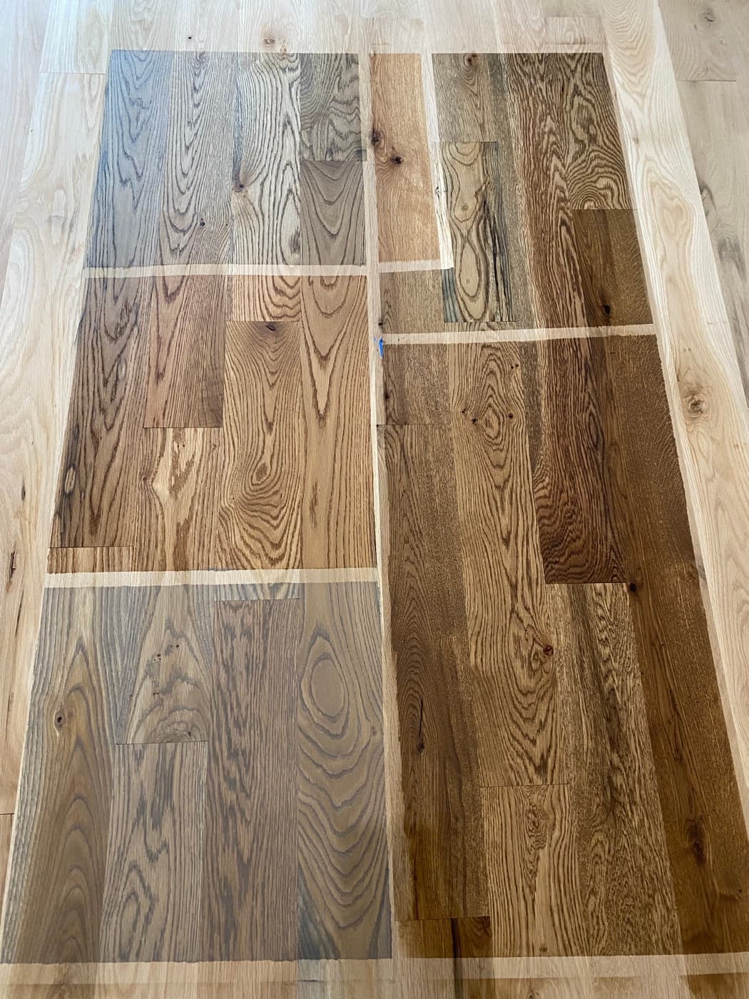 Pallmann Magic Oil custom blend samples on 5-inch engineered white oak showing three color variations, Oak Park Raleigh NC