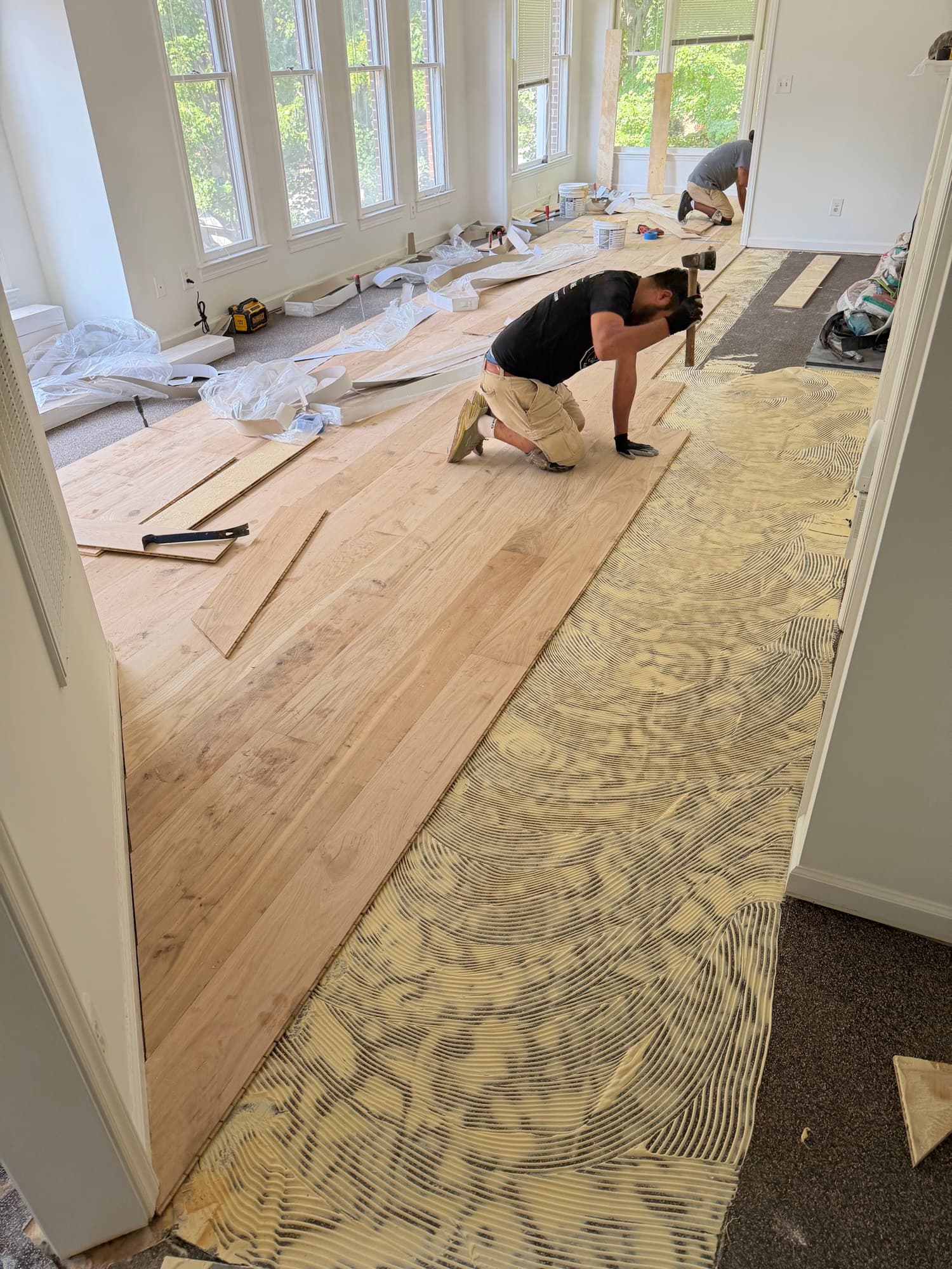 Crew installing 7.5 inch European white oak over troweled adhesive on sound mat