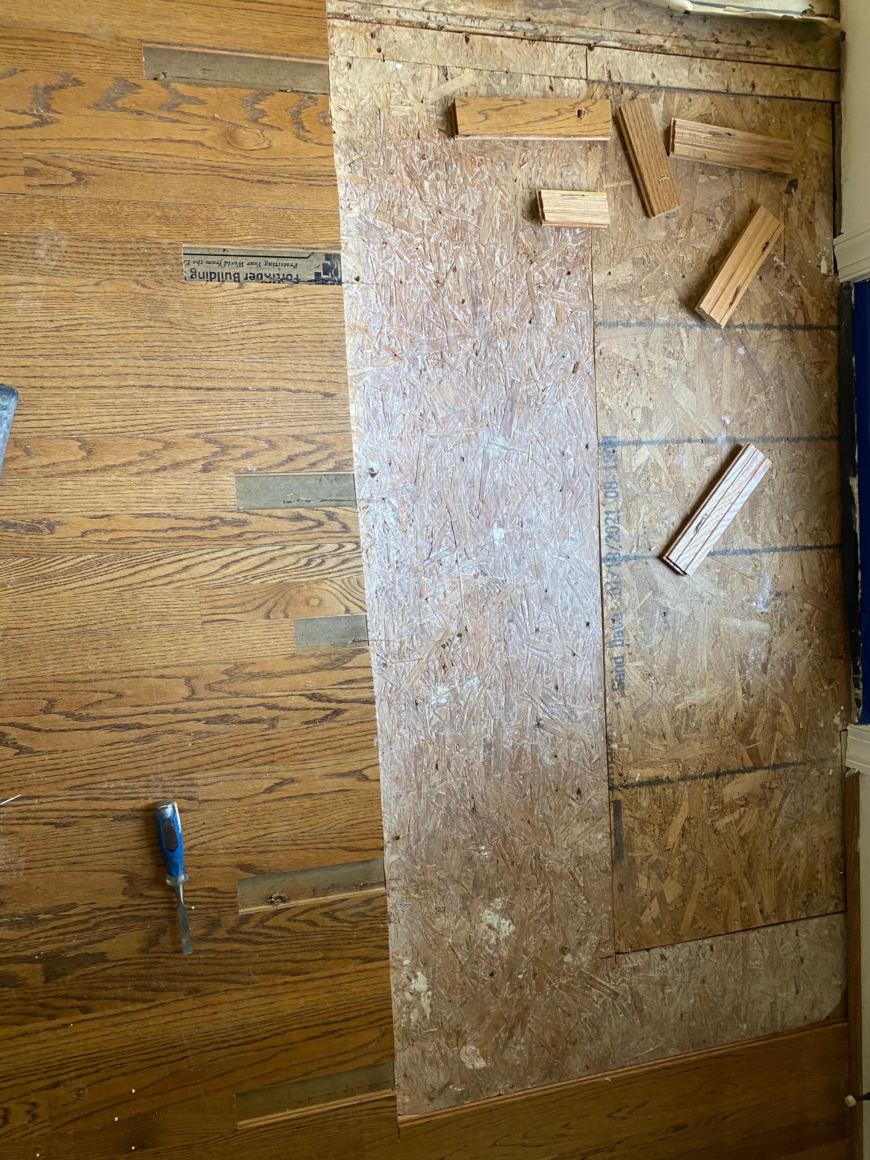 Water damaged subfloor and hardwood demo in progress in Hocutt Farm Clayton NC, new plywood patch installed, damaged boards removed around back door