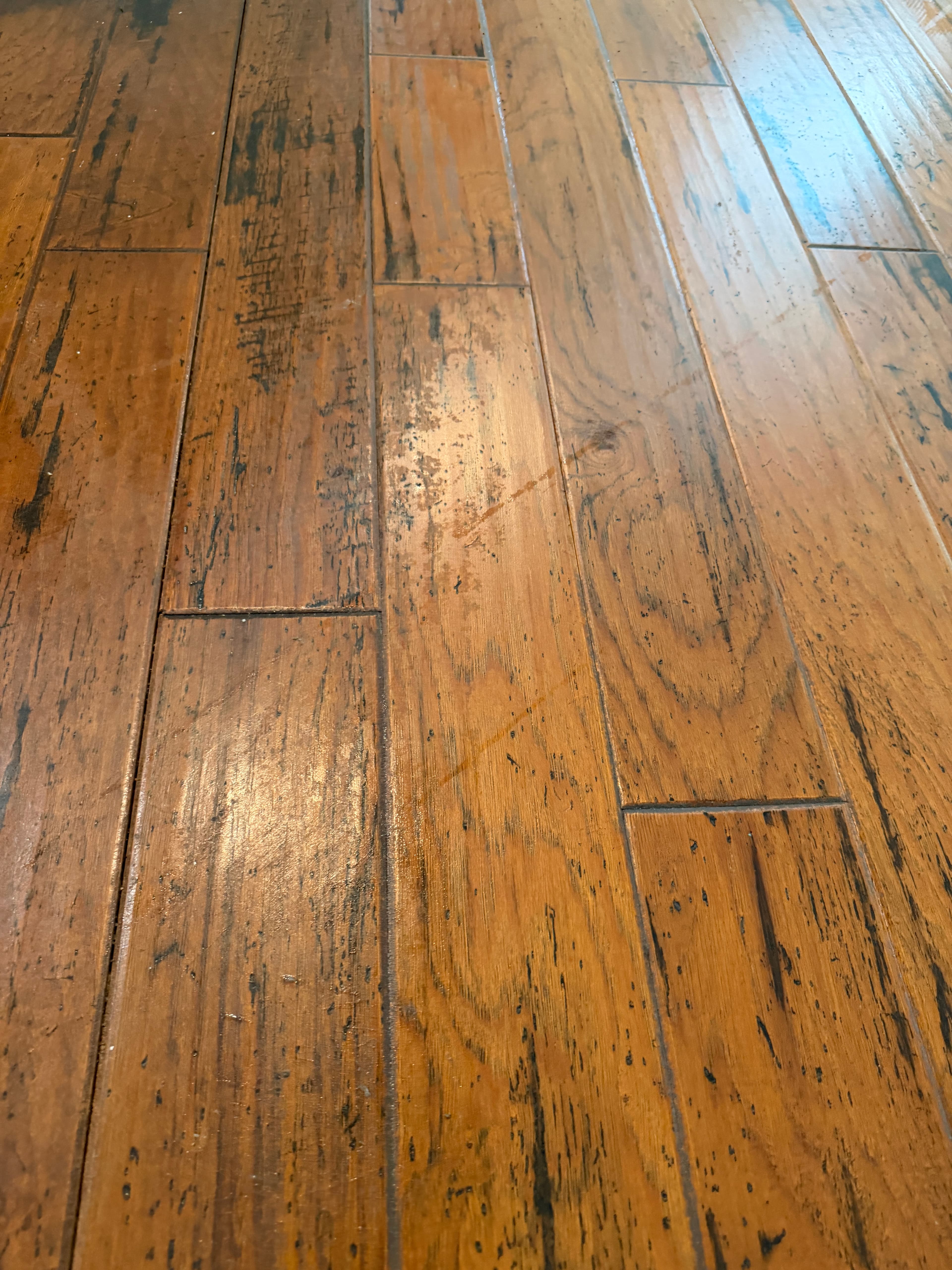 Close-up of white scratch marks in consumer polish layer on hickory floor in Holly Springs NC
