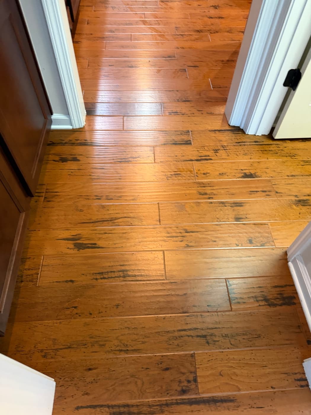Hickory hardwood floor in a Holly Springs NC kitchen hallway after deep cleaning, busy grain that hides dog scratches and wear