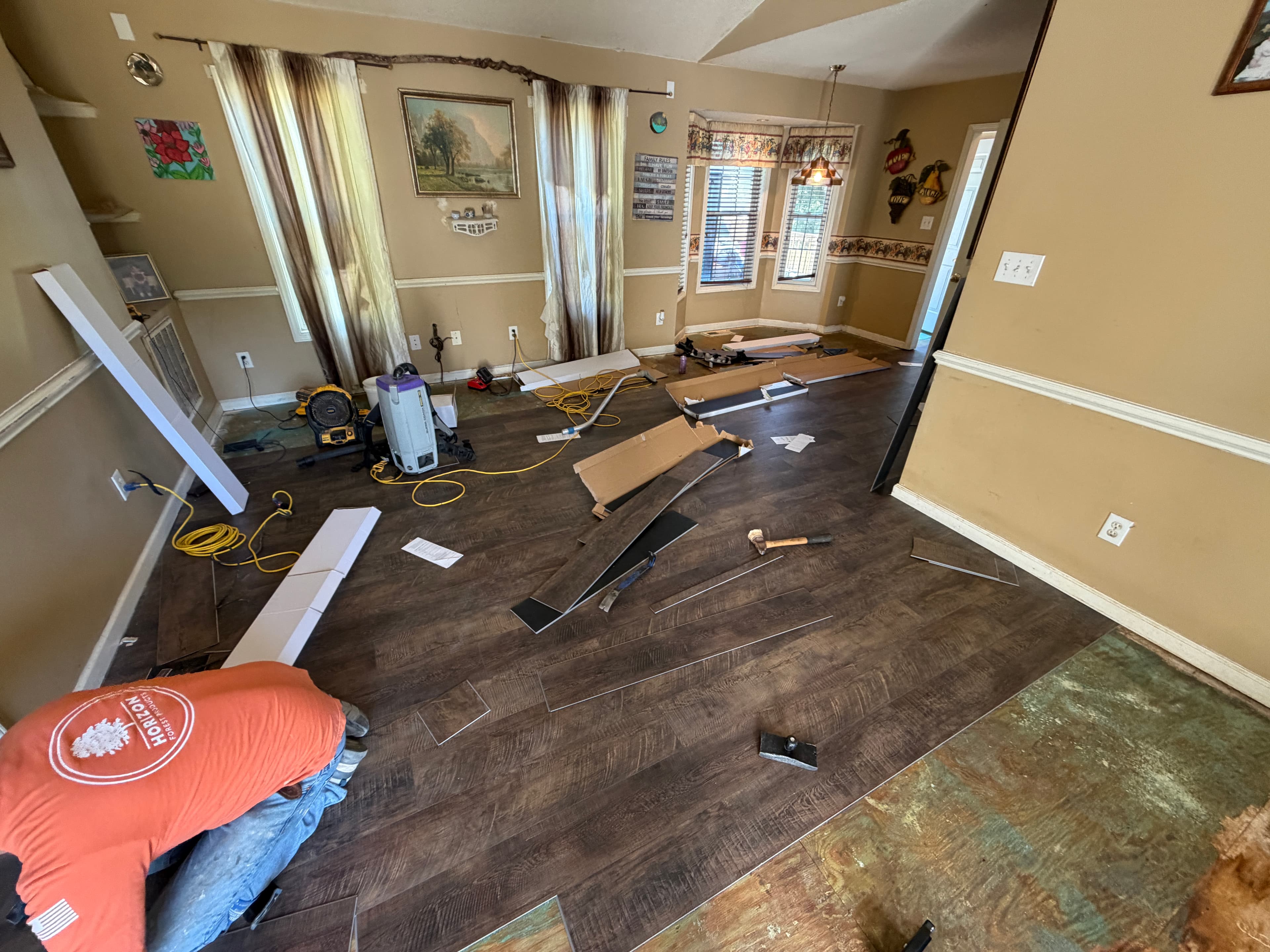 Choice Flooring SPC Vineyard Collection Wine Barrel LVP installation beginning in Buffalo Creek Zebulon NC