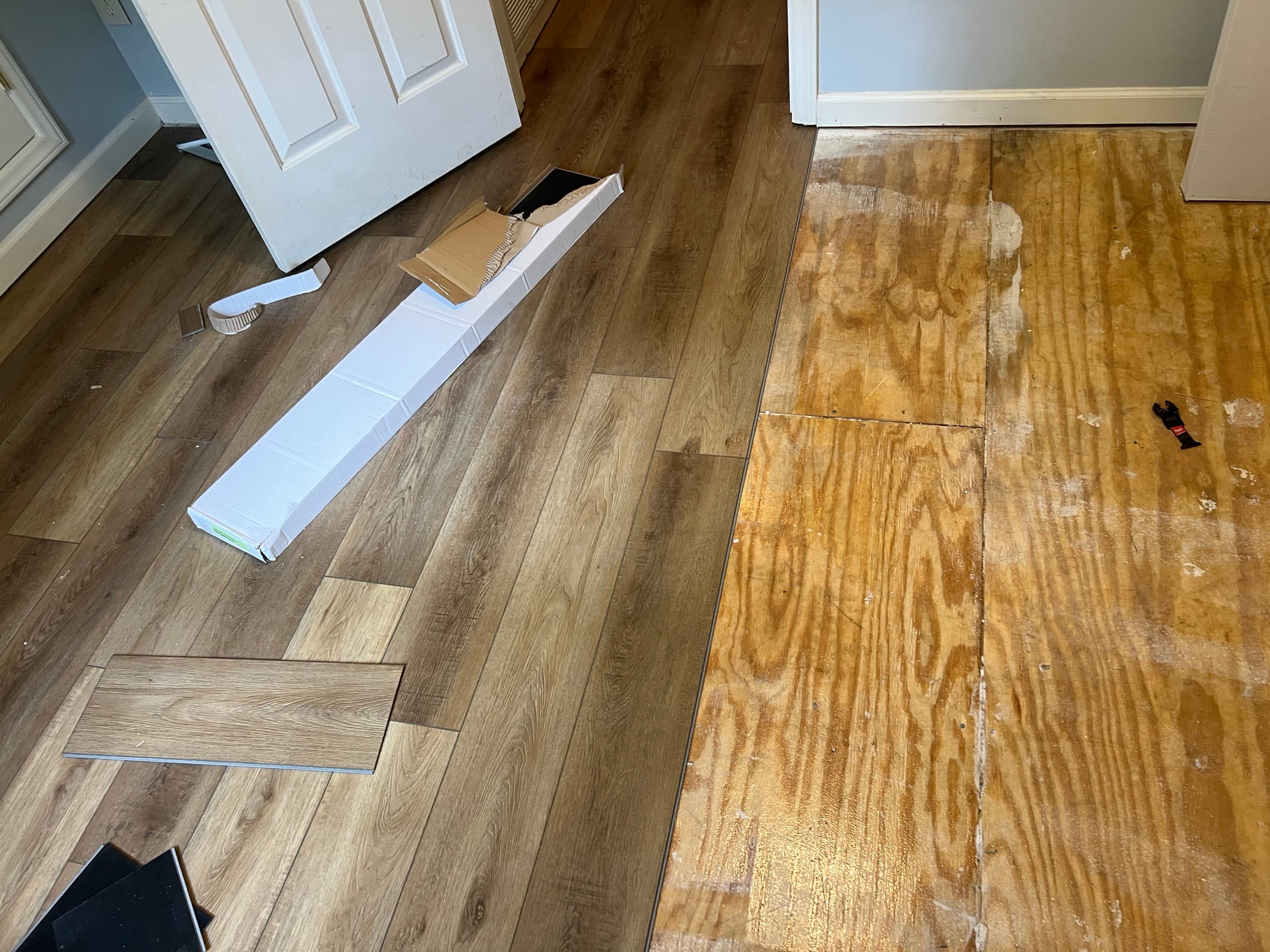 LVP installation beginning on clean dry subfloor in Zebulon NC after mold remediation