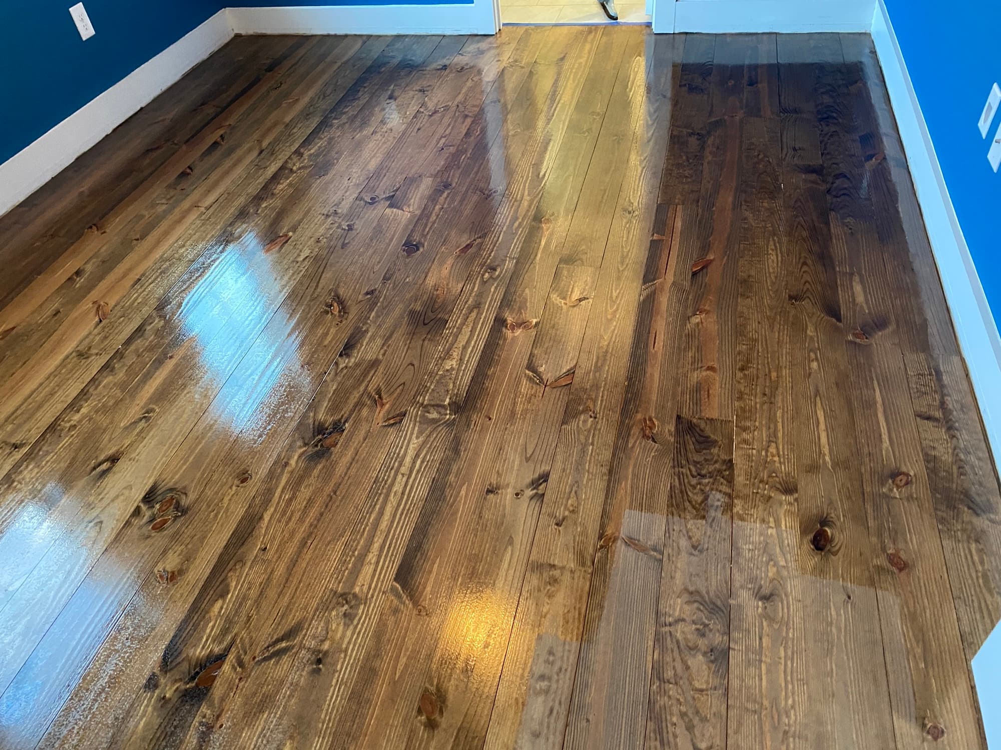 Wide 5 inch yellow pine hardwood floor refinished with DuraSeal Provincial stain and Bona Traffic HD in Flowers Plantation Clayton NC