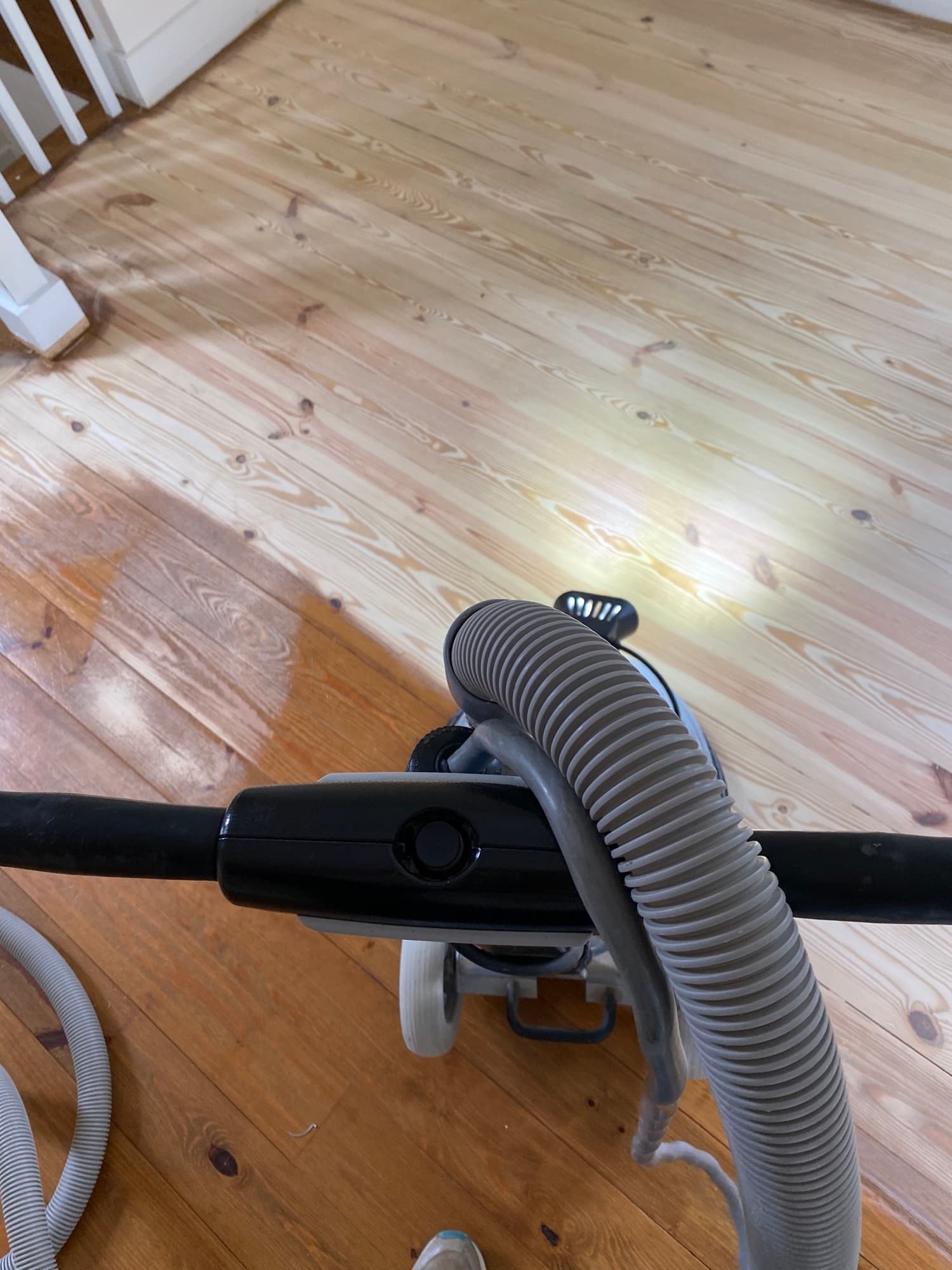 Bona PowerDrive planetary sander refining pine floors after Lagler Hummel angle cut in Flowers Plantation Clayton NC