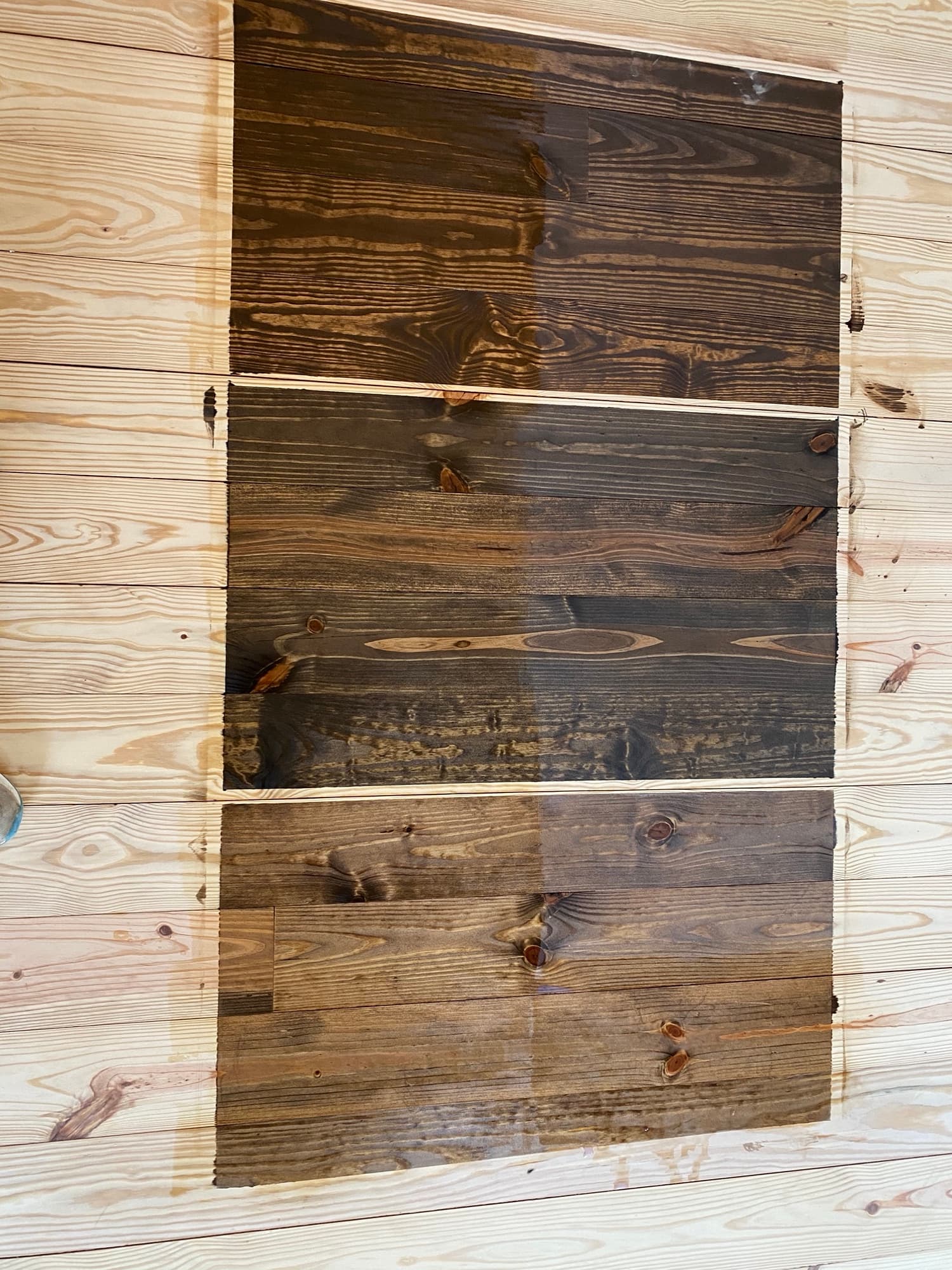 DuraSeal Provincial stain test samples on wide pine floor in Flowers Plantation Clayton NC, comparing options before committing