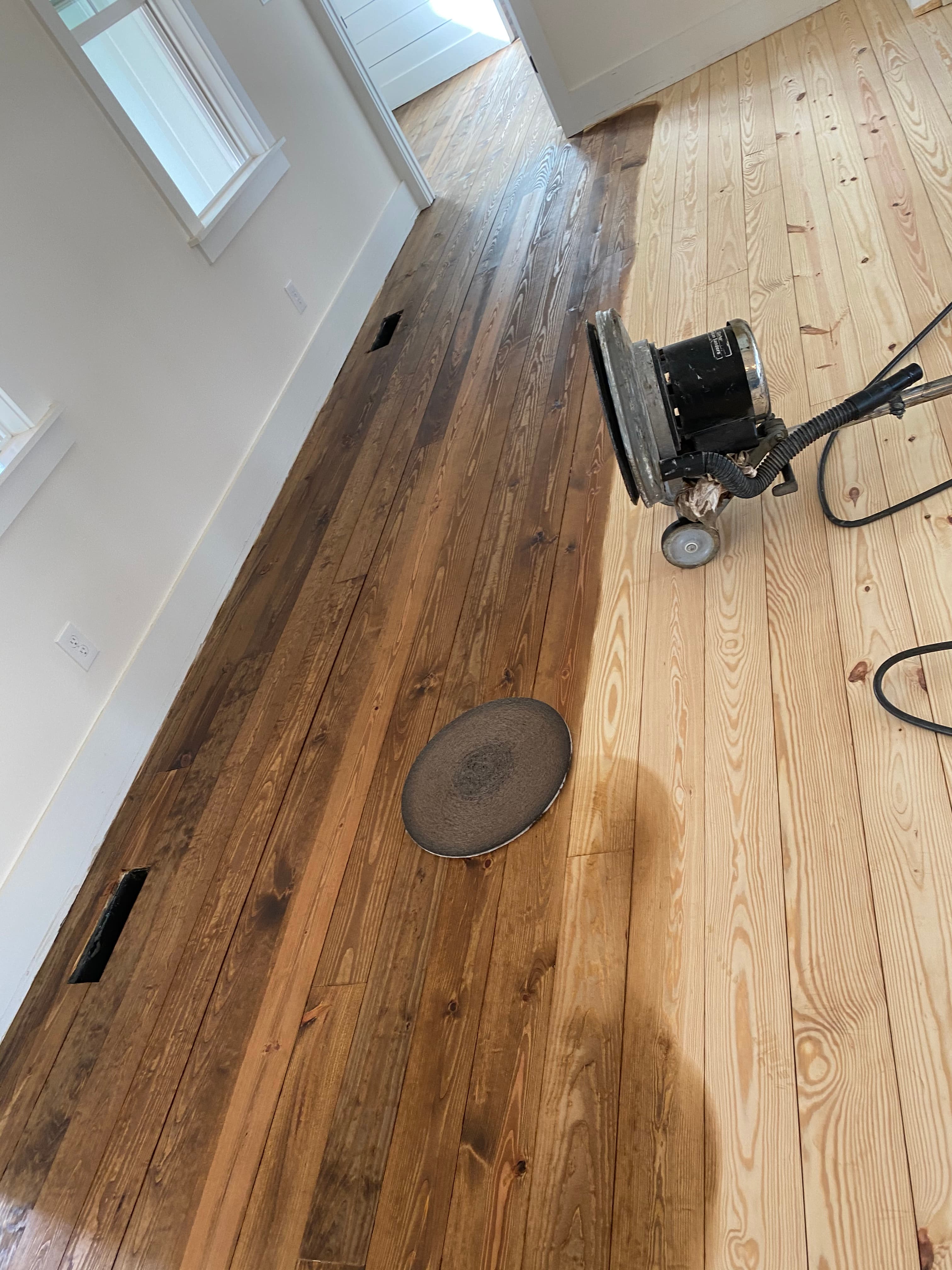 DuraSeal Provincial stain being applied to wide yellow pine floors in Flowers Plantation Clayton NC