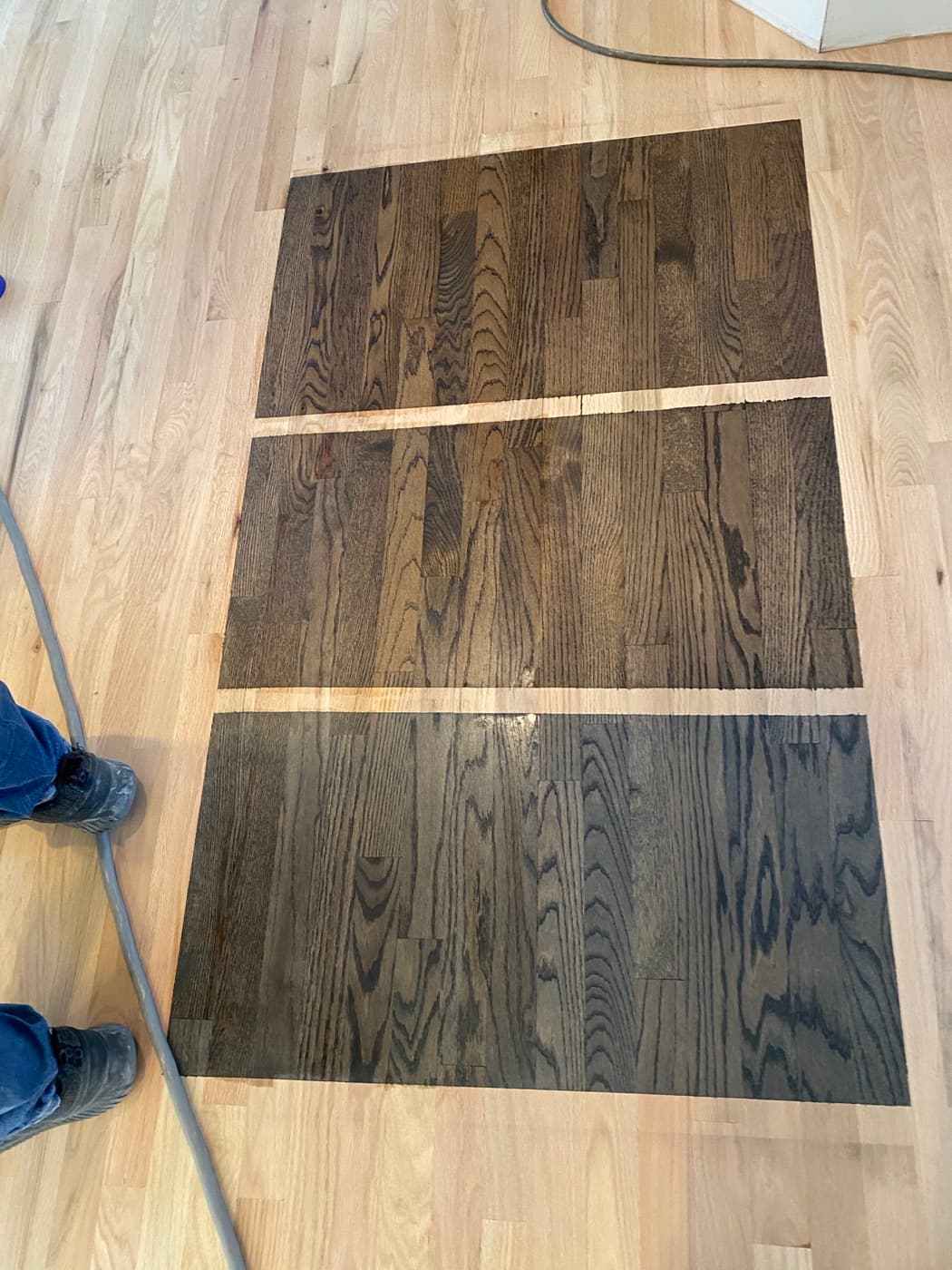 Stain samples on freshly sanded red oak showing Bona Driftwood and darker options at Sunset Lakes Fuquay-Varina NC