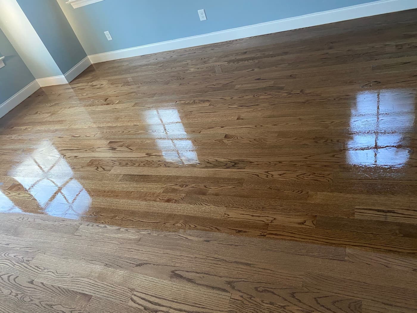 Bona IntenseSeal sealer first coat wet on DuraSeal Special Walnut stained red oak floors in natural light, Crabtree Heights Raleigh NC
