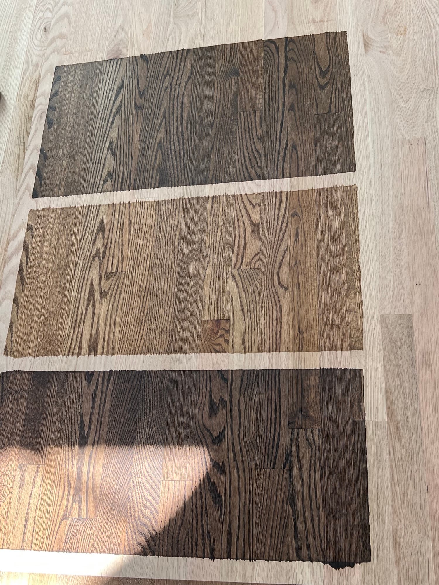 Rubio Monocoat Oil Plus 2C color samples tested on red oak floor in Smithfield NC