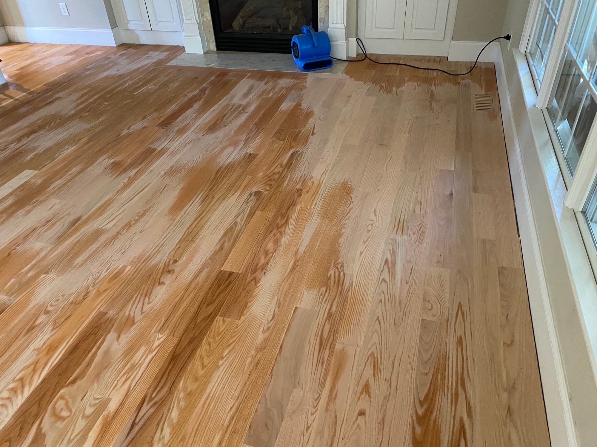 Water popping red oak floors before stain in Turner Downs Raleigh NC, wet surface throughout