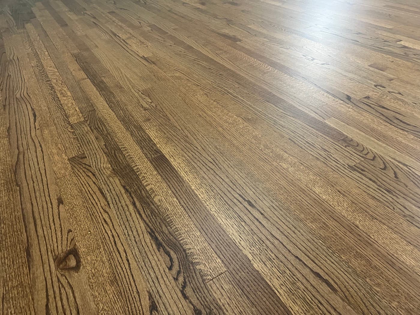 Wide angle grain detail of finished old red oak floors with DuraSeal Provincial stain in Downtown Knightdale NC