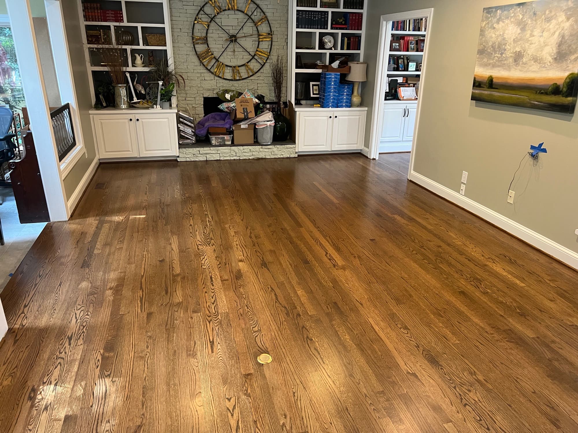 Red oak hardwood floor refinished with custom blended stain and Bona Traffic HD in Lochmere Cary NC