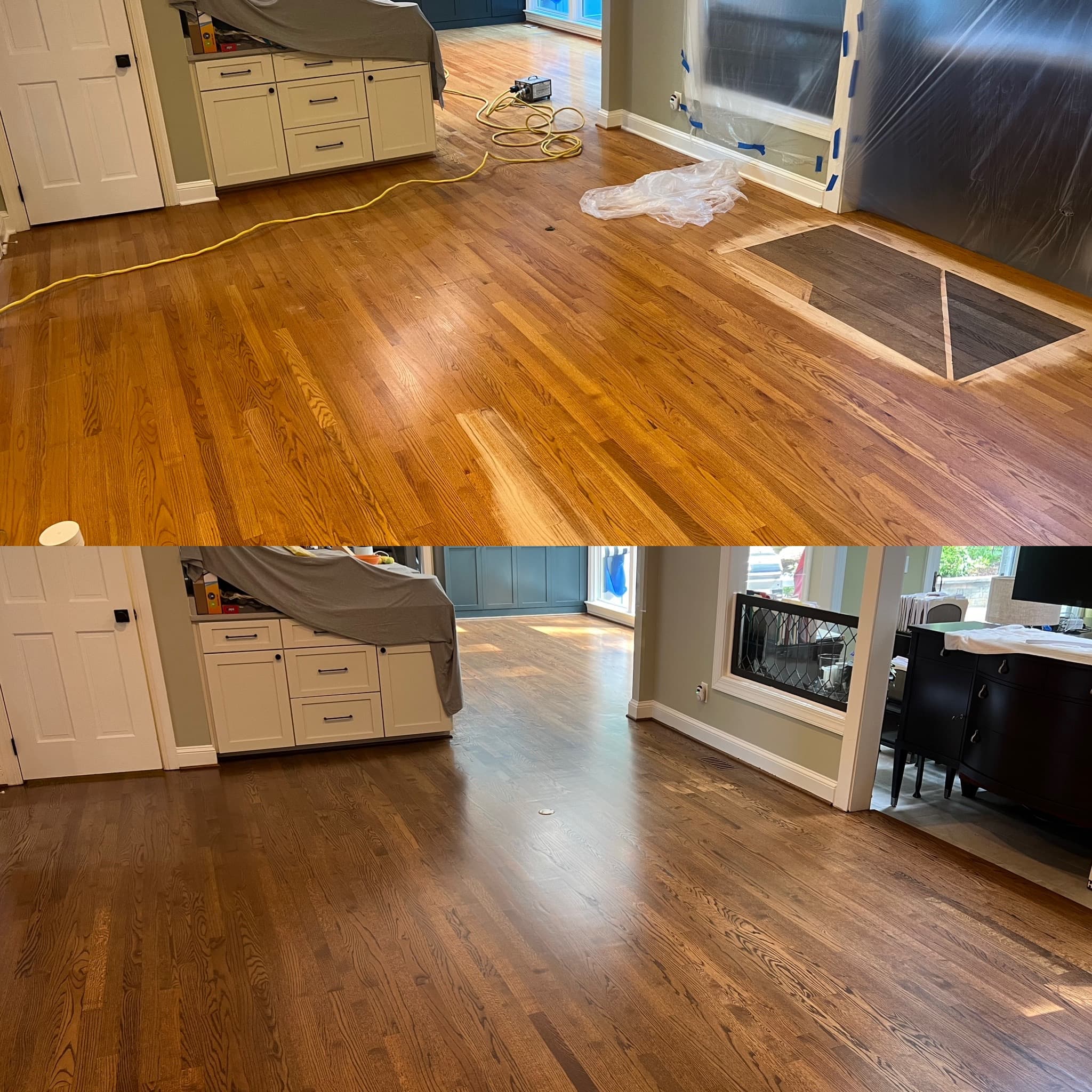 Before and after split image of red oak refinishing in Lochmere Cary NC, top half shows worn amber old finish, bottom half shows finished dark custom stained floor