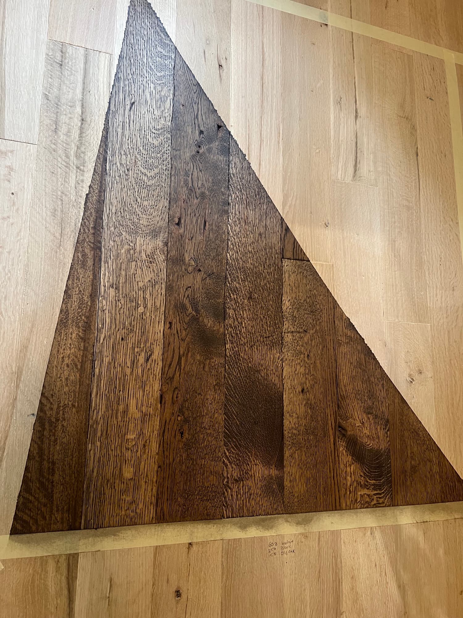 Custom hardwax oil finish test panel on rift and quartered white oak showing raw versus finished in Wendell NC Westlake