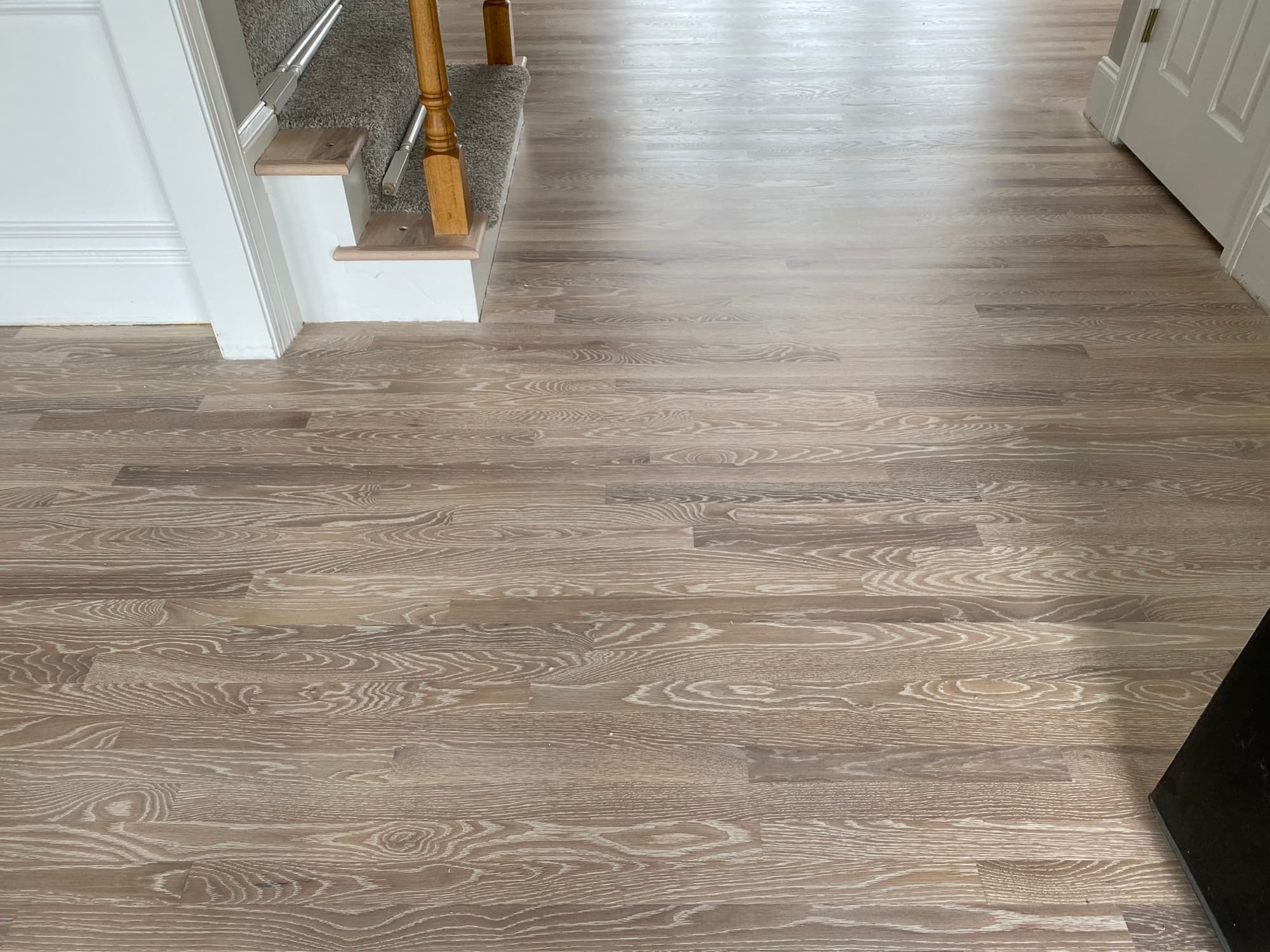 Wide view of completed white oak refinish with Bona Craft Oil Frost in Wake Forest NC Heritage neighborhood