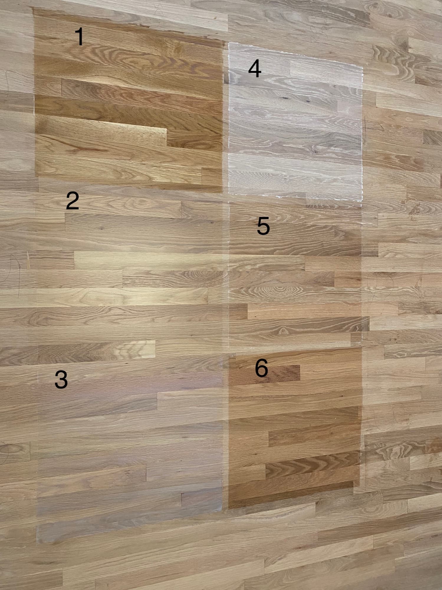 Bona Craft Oil color samples tested on white oak floor in Wake Forest NC