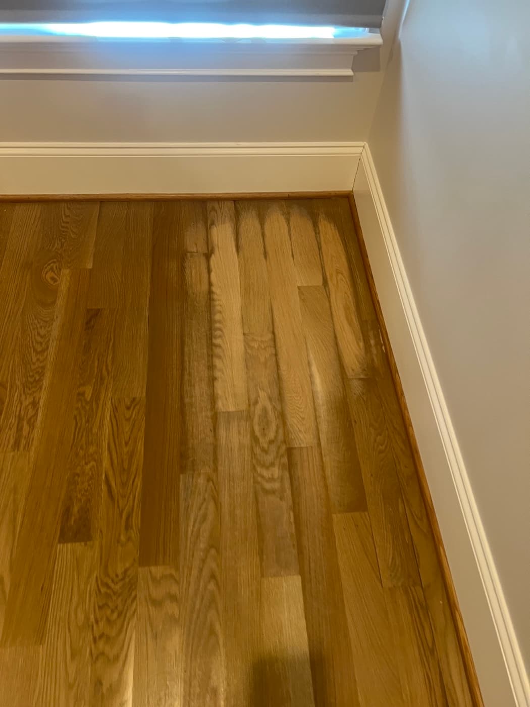 Crowned white oak boards from prior contractor wet sanding before rescue refinishing in Hayes Barton Raleigh NC