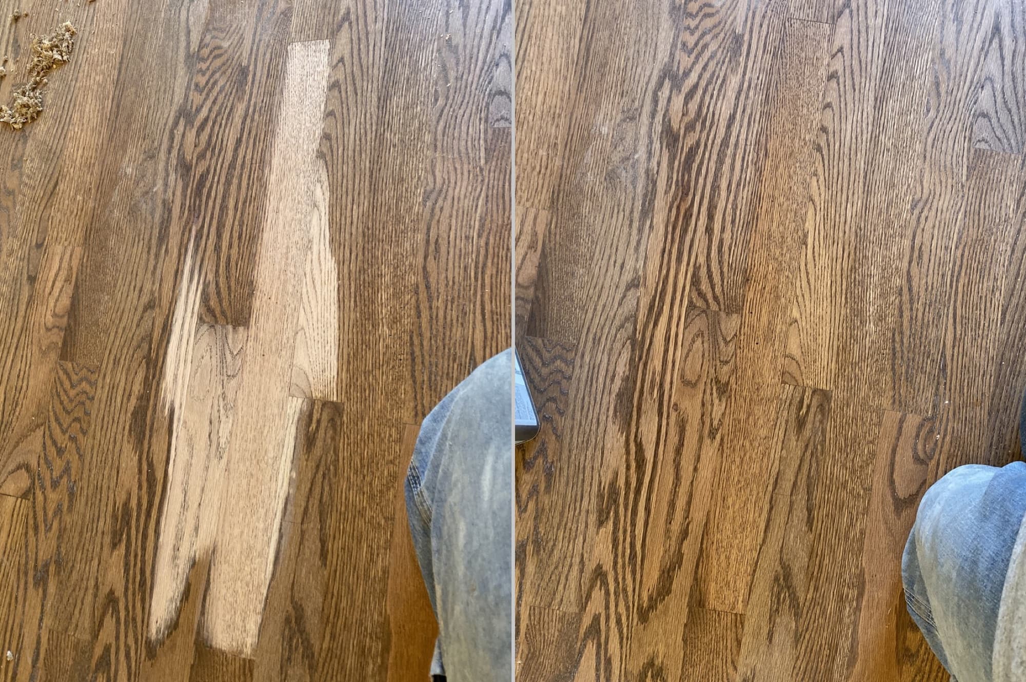 Red oak hardwood floor after pet stain board replacement and refinishing Clayton NC