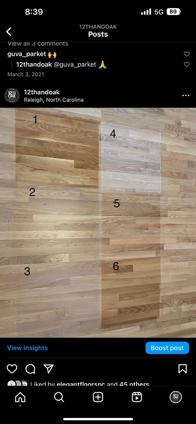 Six natural and sealer finish samples on white oak: Bona ClearSeal, NaturalSeal, NordicSeal, Craft Oil Frost, Rubio Monocoat 5% White, and CraftOil Neutral