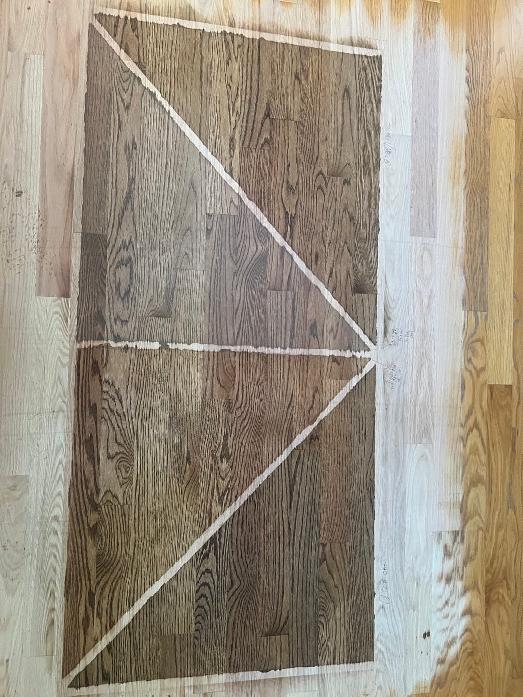 Four-way Berger Seidle Base Oil comparison on 3.25 inch red oak: Old Oak, Old Oak and Clear 50/50, one-third blend, and Old Oak and Platinum Gray 50/50