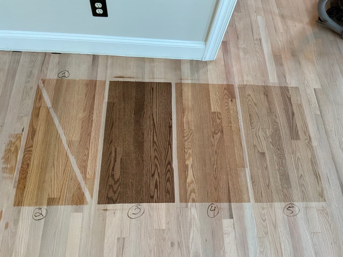 Five stain samples on 2.25 inch red oak: Bona IntenseSeal, Bona ClearSeal, DuraSeal Provincial, Bona Fruitwood, DuraSeal Weathered Oak