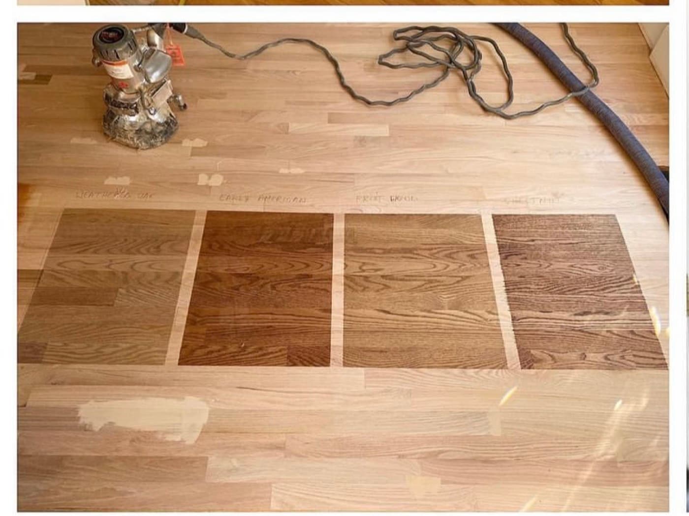 Four DuraSeal stain colors side by side on 3.25 inch red oak: Weathered Oak, Early American, Fruitwood, and Special Walnut