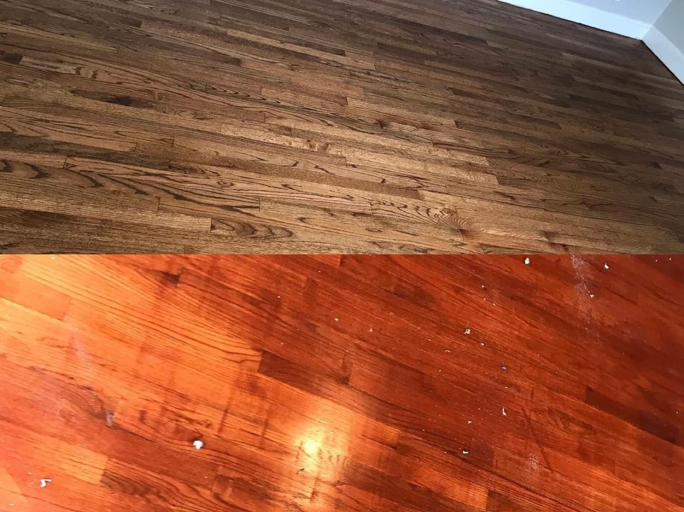 Before and after showing red oak floor with heavy oil-based poly discoloration and sanding marks transformed with a custom Rubio Monocoat blend