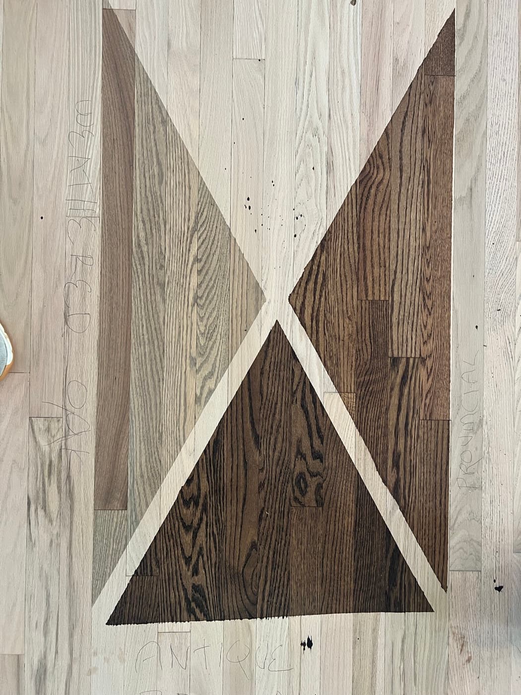 Three DuraSeal stain colors in an X-pattern on 3.25 inch white oak: Antique Brown, Weathered Oak, and Provincial