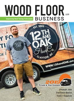 Wood Floor Business Magazine June July 2019 cover featuring Izral Daniels of 12th And Oak Floor Co.
